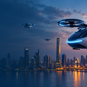 Futuristic flying taxi over a modern city skyline at sunset